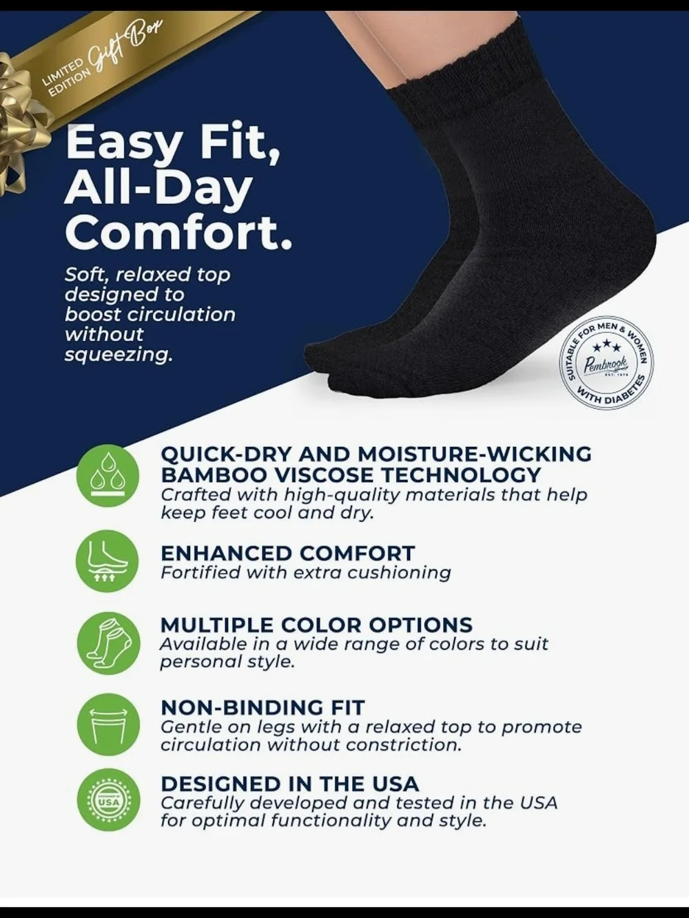 Black Neuropathy Comfort Crew Socks - 6 Pack